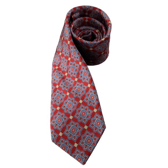 Jos A Bank Reserve Mens 100% Silk Floral Medallion Necktie Red Blue - Picture 1 of 7